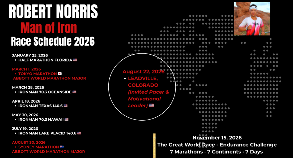 Poster detailing Robert Norris's 2026 race schedule, highlighting major marathons including Tokyo, Boston, and NYC, with a map of the world in the background and a photo of a woman in athletic gear in the top right corner.