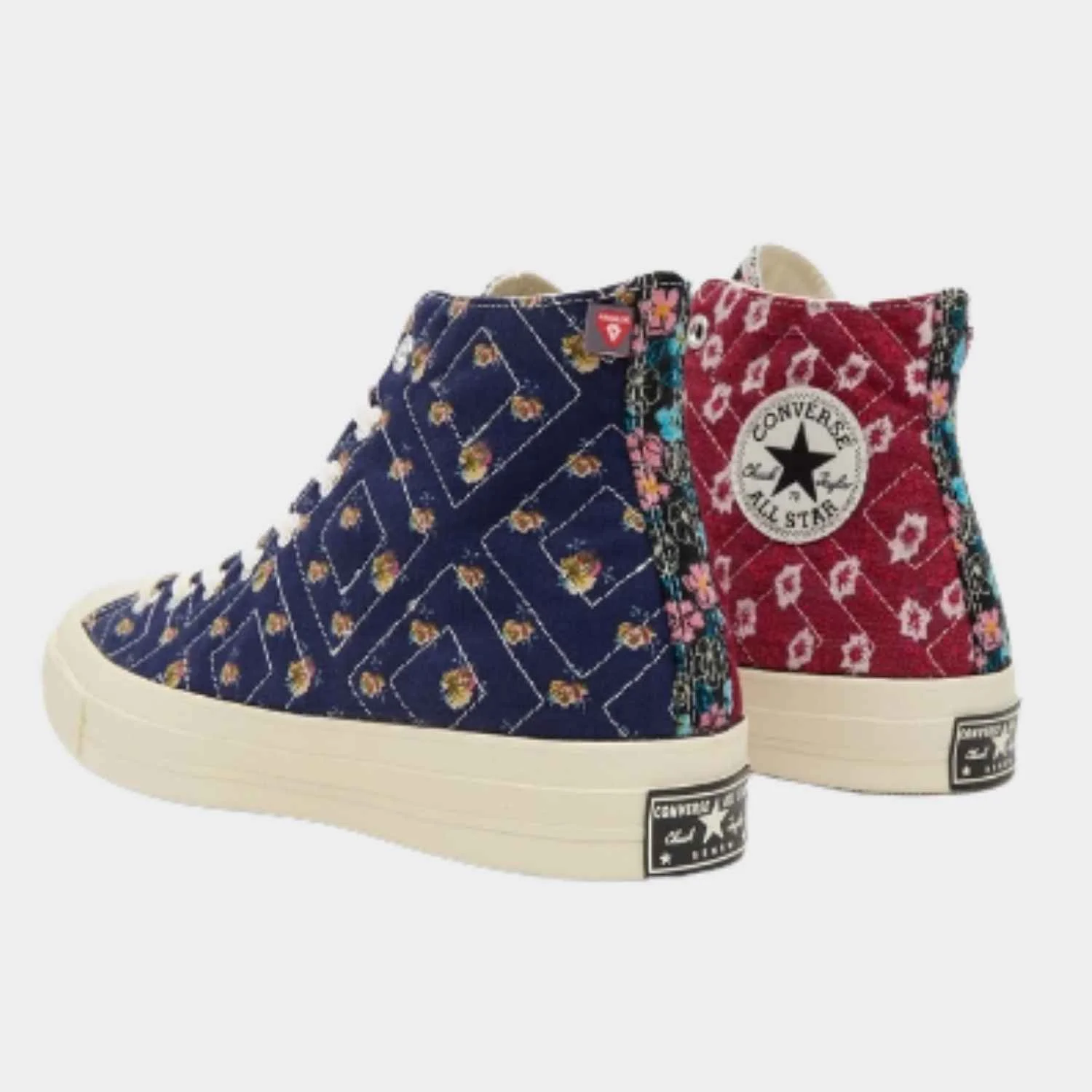 Pair of Converse All Star high-top sneakers featuring upcycled uppers manufactured by Beyond Remade, the specialist sustainable manufacturing division of Bank & Vogue Ltd.