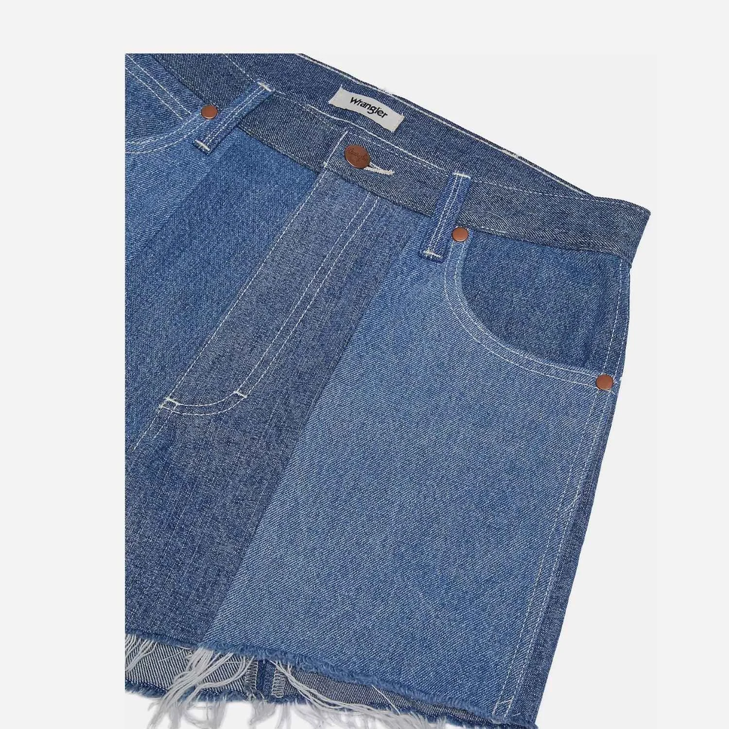 Blue upcycled denim Wrangler jean shorts with frayed hem at the bottom. Manufactured by Beyond Remade for the global fashion brand Wrangler.