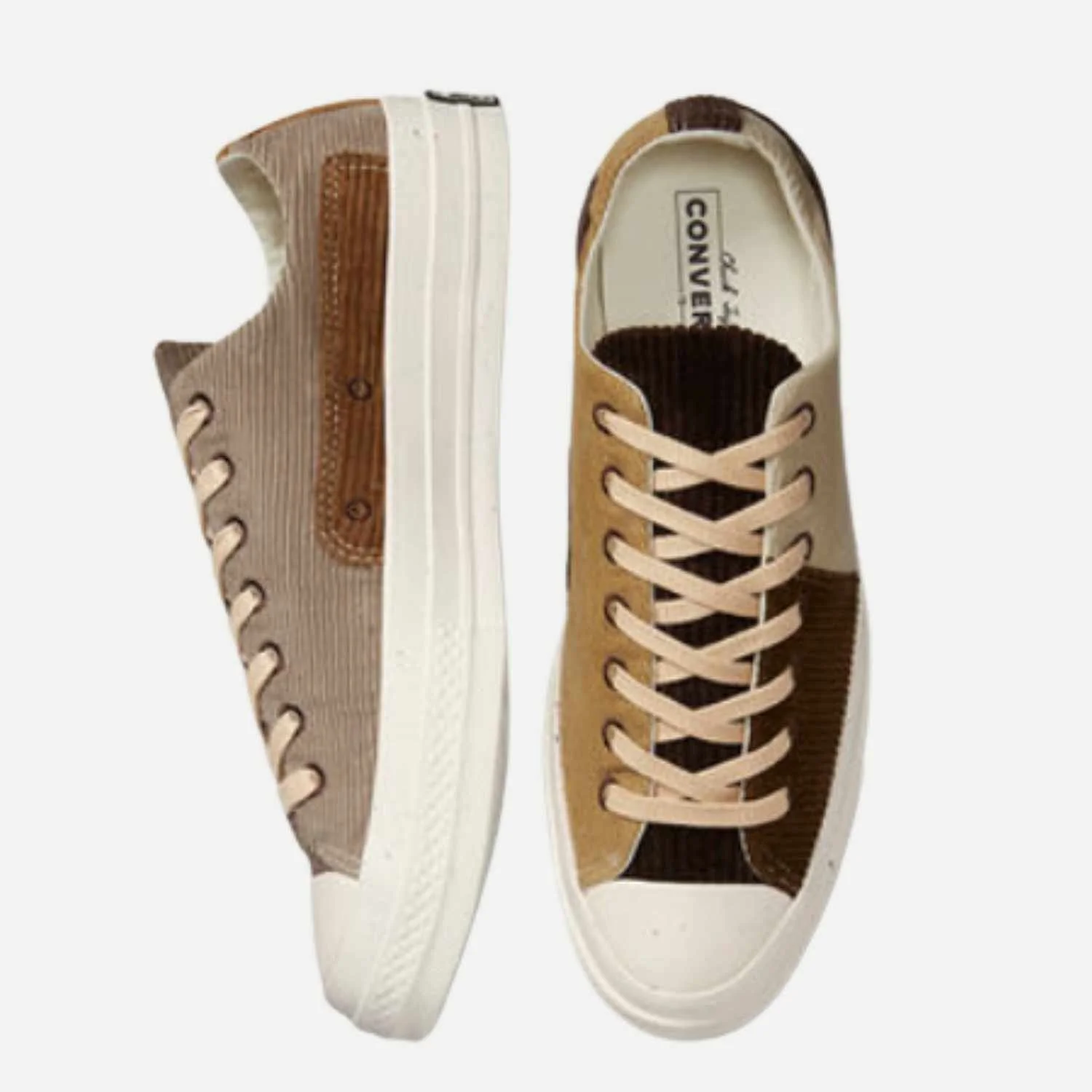 Pair of beige, brown, and white Converse sneakers featuring upcycled corduroy uppers manufactured by Beyond Remade.