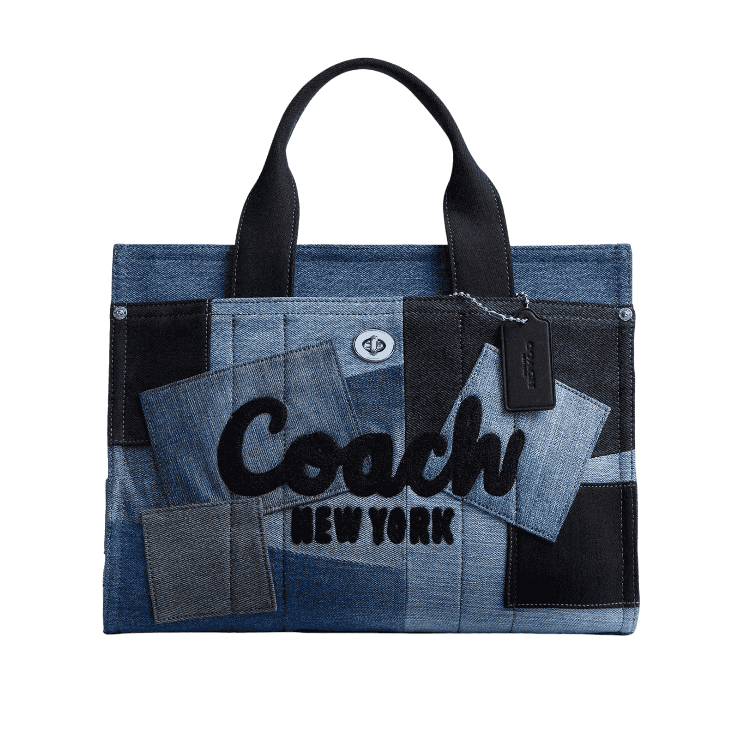 Coach tote bag made from patchwork denim fabric with black handles, featuring the word 'Coach' and 'New York' embroidered on the front.
