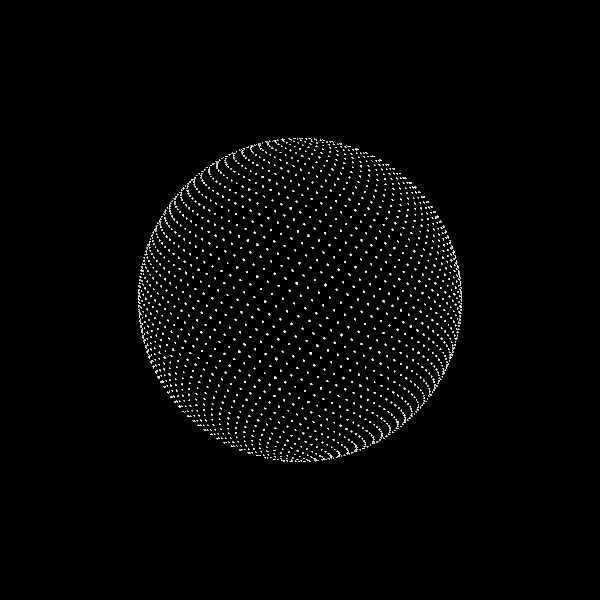 A 3D sphere composed of white dotted lines on a black background, creating a wireframe effect.