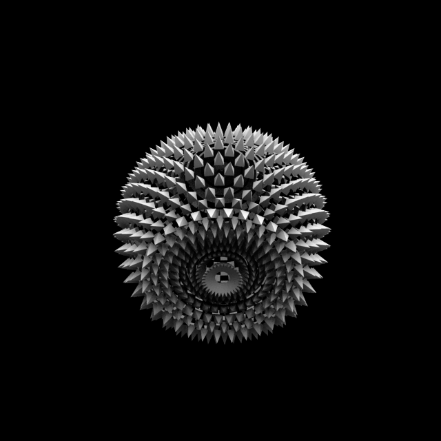 A 3D abstract geometric object resembling a spiked sphere with a small unused camera icon at the center, set against a black background.