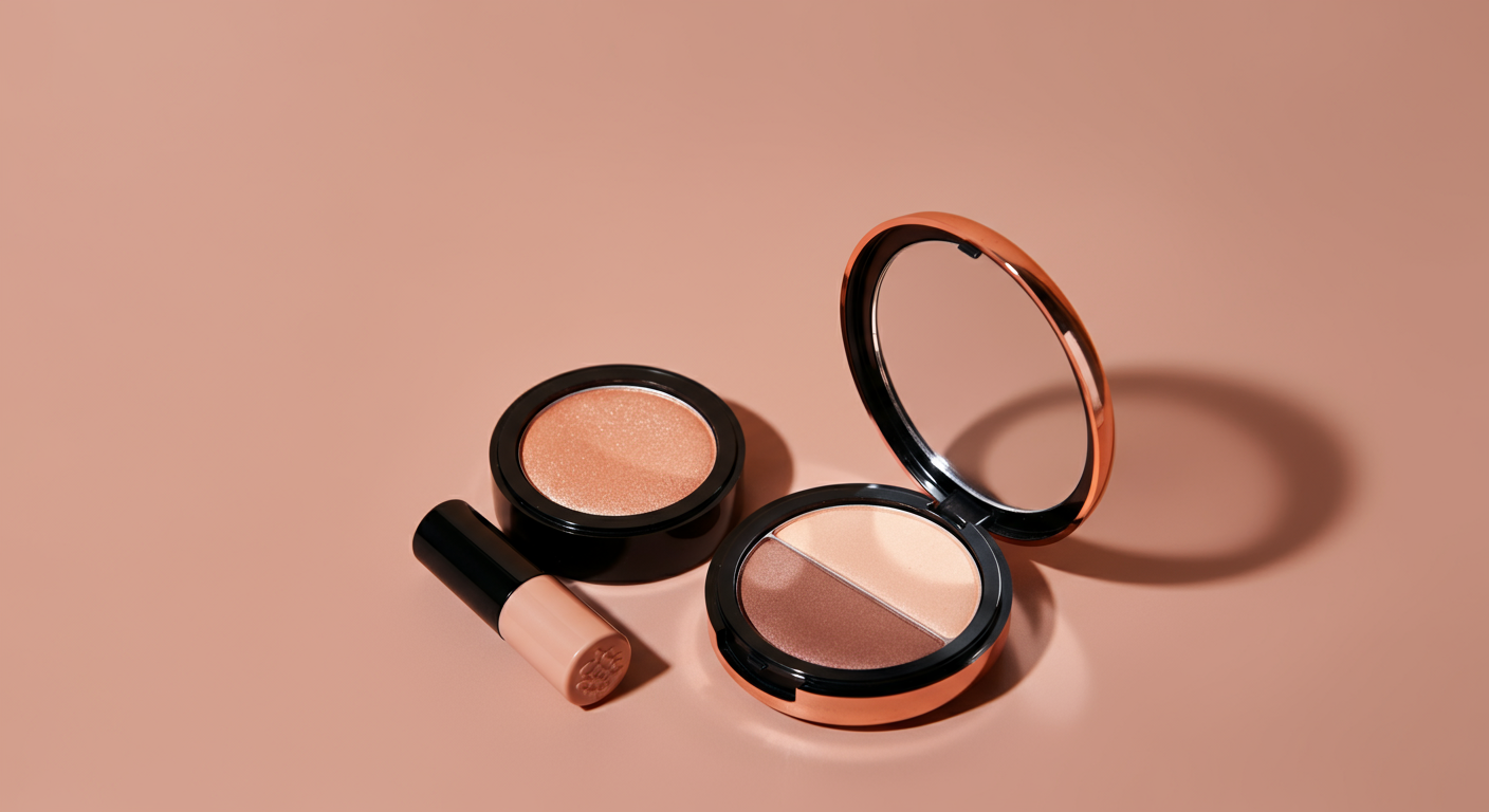 Maquillage avec un porte-monnaie de poudre, une poudre compacte, et un rouge à lèvres beige sur un fond rose clair