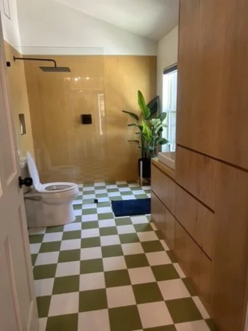 Bathroom with a toilet, a large potted plant near a window, blue rug, and green and white checkered floor tiles.