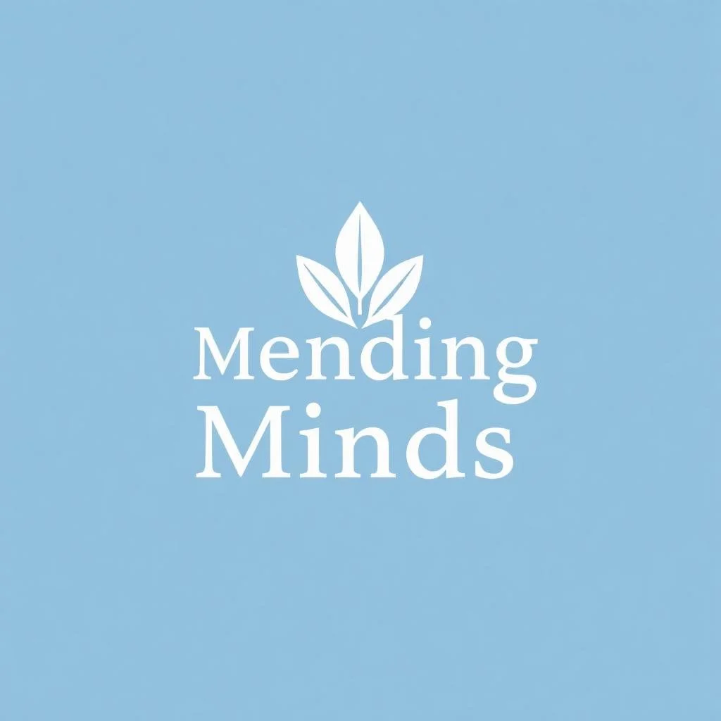 Blue background with a white leaf icon above the words "Mending Minds" in white text.