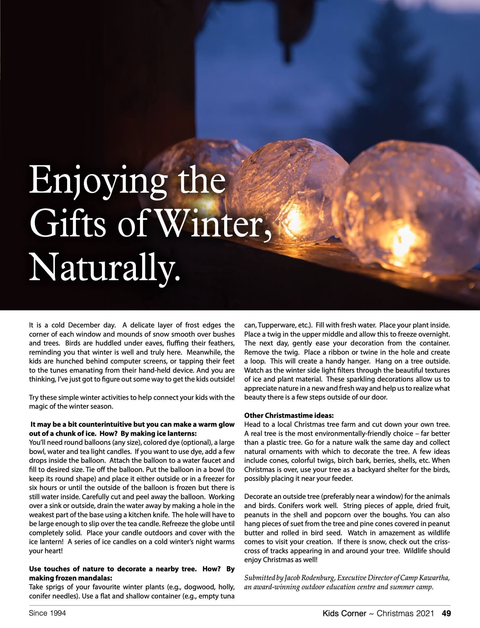 A magazine page with a headline 'Enjoying the Gifts of Winter, Naturally' and a picture of glowing ice lanterns on a cold winter evening. The page includes text about winter activities, crafts, and decoration ideas, with a footer indicating it is from a Kids Corner section in a Christmas magazine from 2021.