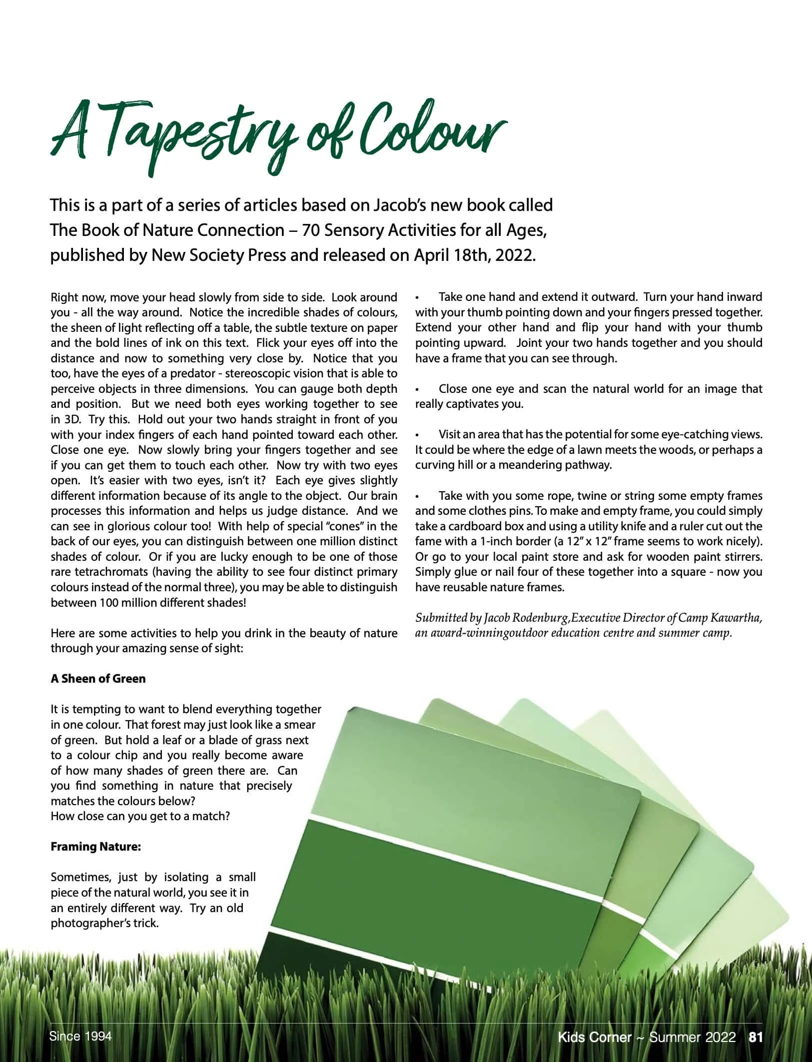 A webpage titled 'A Tapestry of Colour' displaying an article about nature activities, with a bicycle saddle and green paint color samples at the bottom.