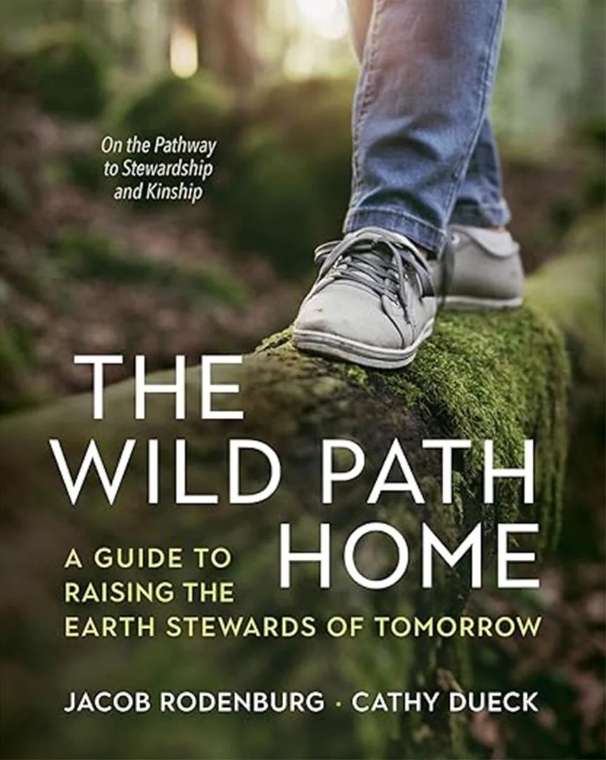 Close-up of a person walking on a moss-covered log in a forest, wearing jeans and sneakers, with sunlight filtering through trees in the background, and text overlay about earth stewardship.