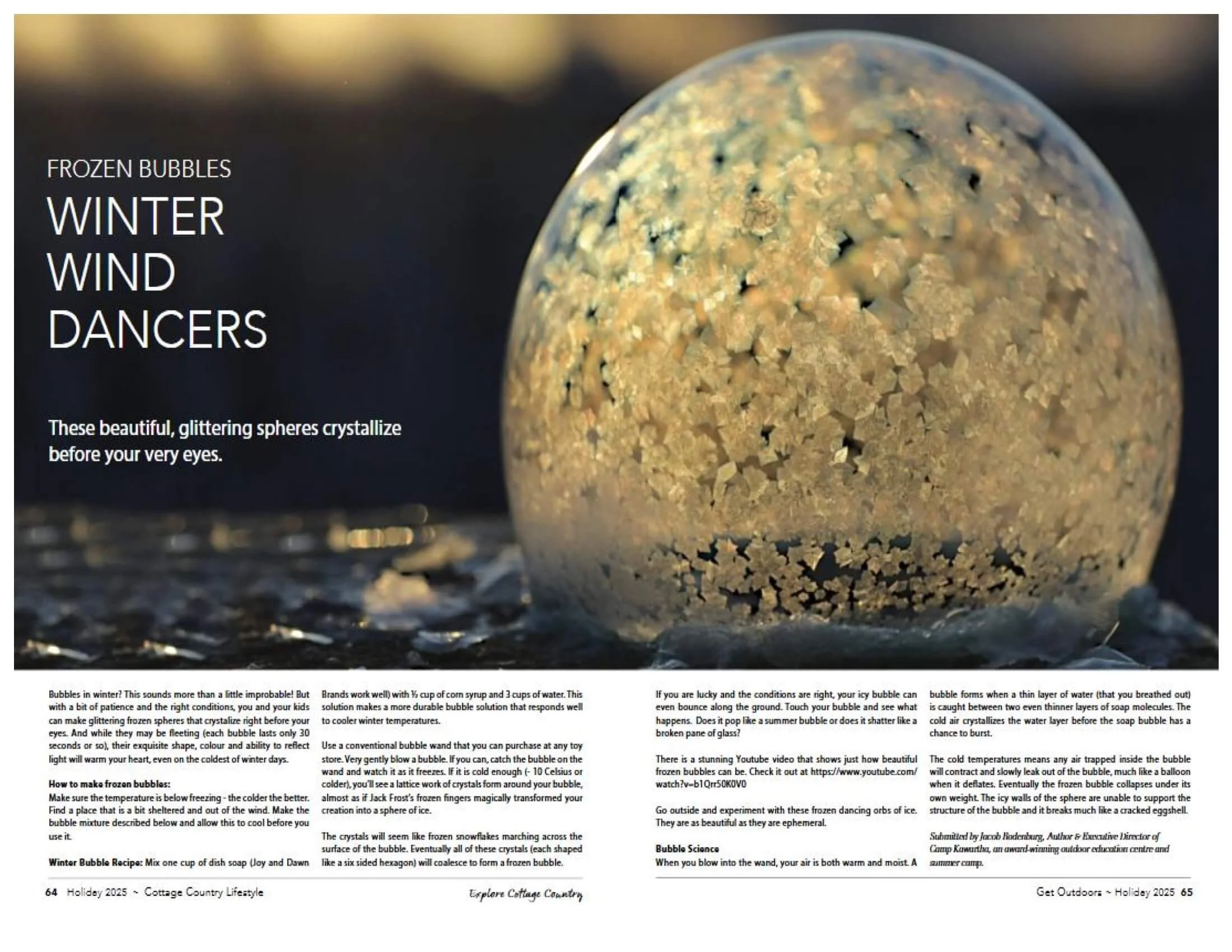 Close-up of a clear sphere covered in glittering, ice-like crystals, with text overlay about frozen bubbles and winter wind dancers.