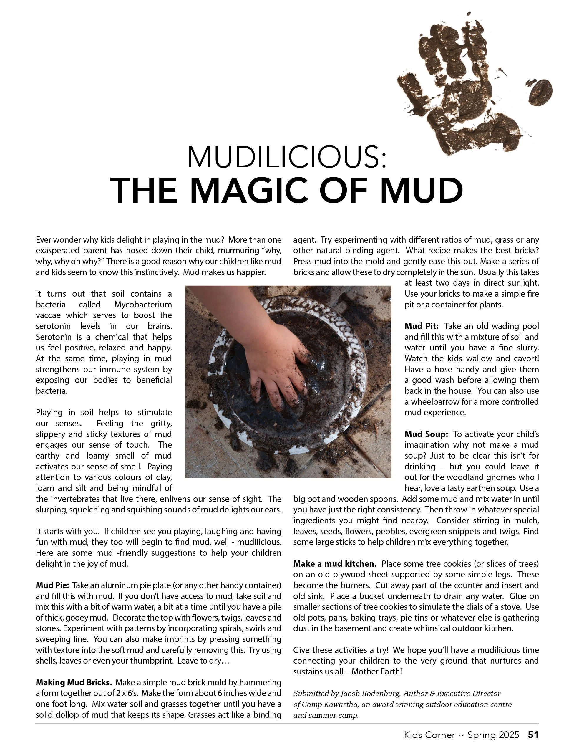 Magazine page with title 'Mudilicious: The Magic of Mud,' featuring photos and directions for making mud bricks and a mud kitchen, along with activities for children.
