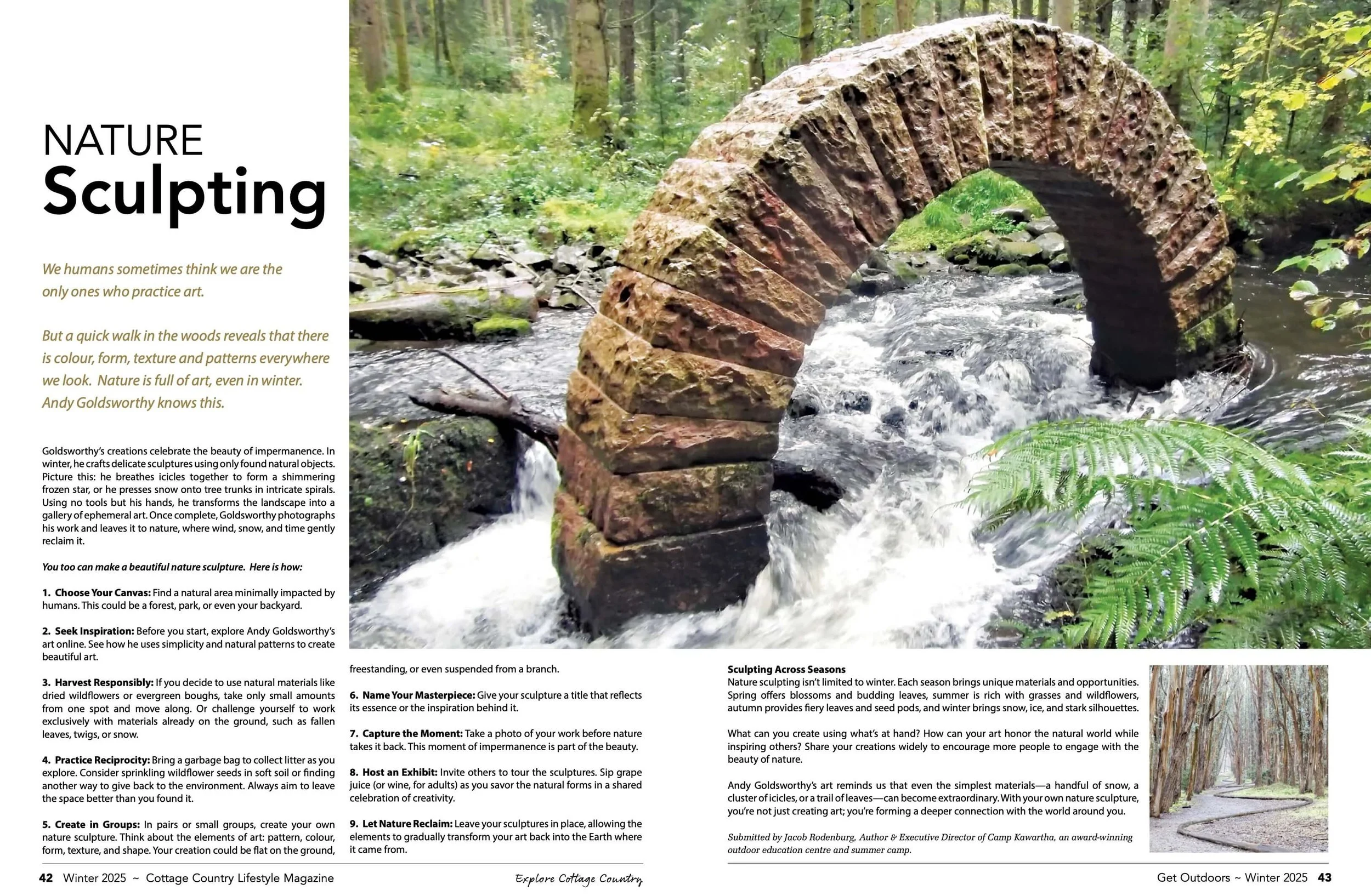 A stone arch bridge over a flowing creek in a lush green forest, with trees and plants surrounding it.