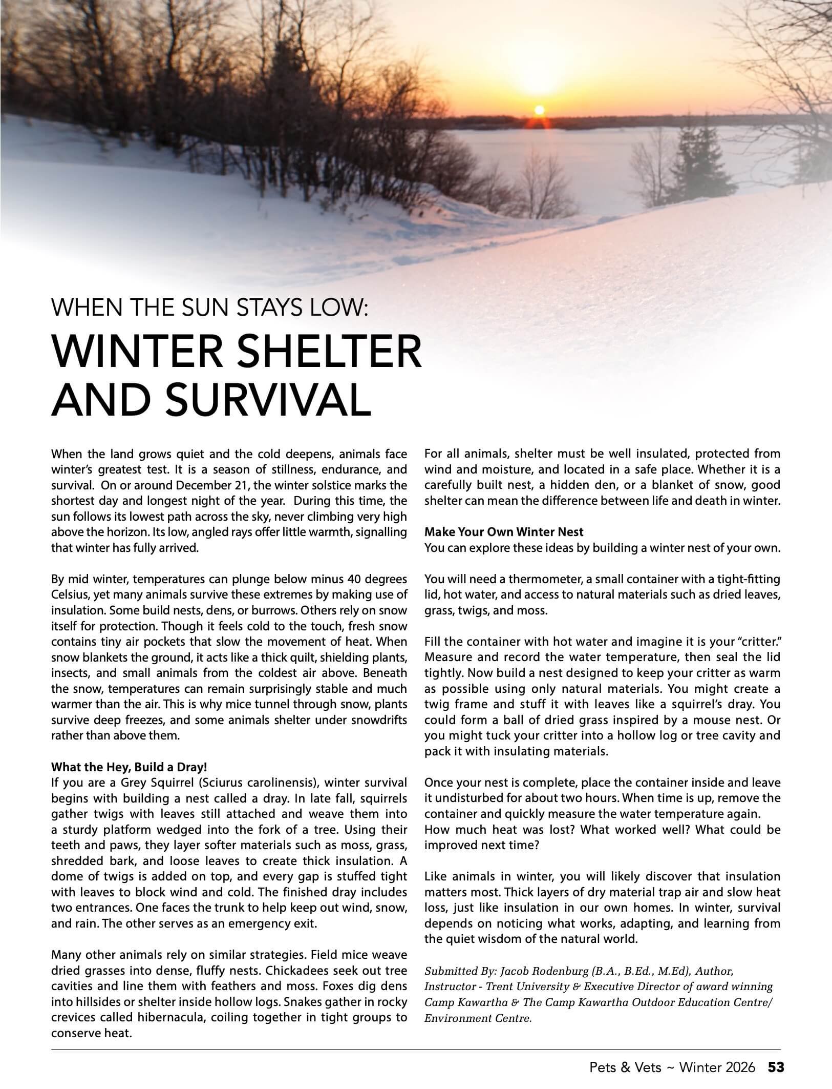 Magazine page with a winter landscape at sunset, showing snow-covered ground, leafless trees, and a bright orange sun on the horizon. The page includes an article about winter shelter and survival for animals.