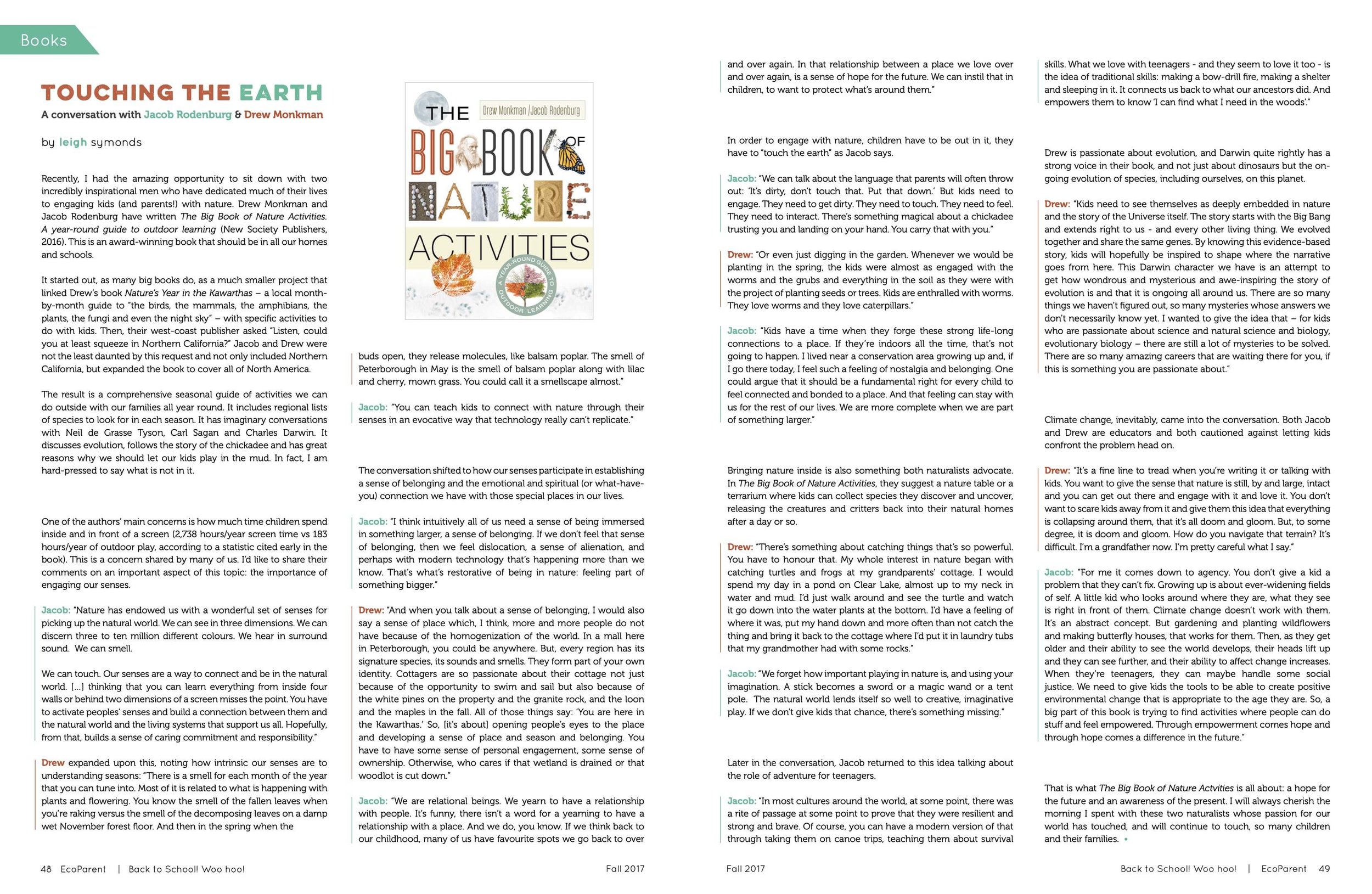 Two-page spread of a magazine or book article titled "Touching the Earth" with text discussing nature activities for kids, and an image of a book cover titled "The Big Book of Nature Activities".