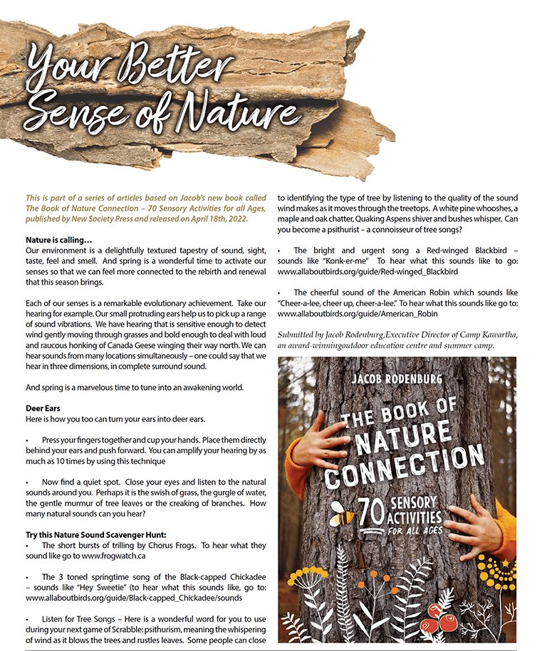 Cover of the book titled "The Book of Nature Connection: 70 Sensory Activities for All Ages" by Jacob Rodenburg, showing a person holding a tree trunk and surrounding nature-themed illustrations.