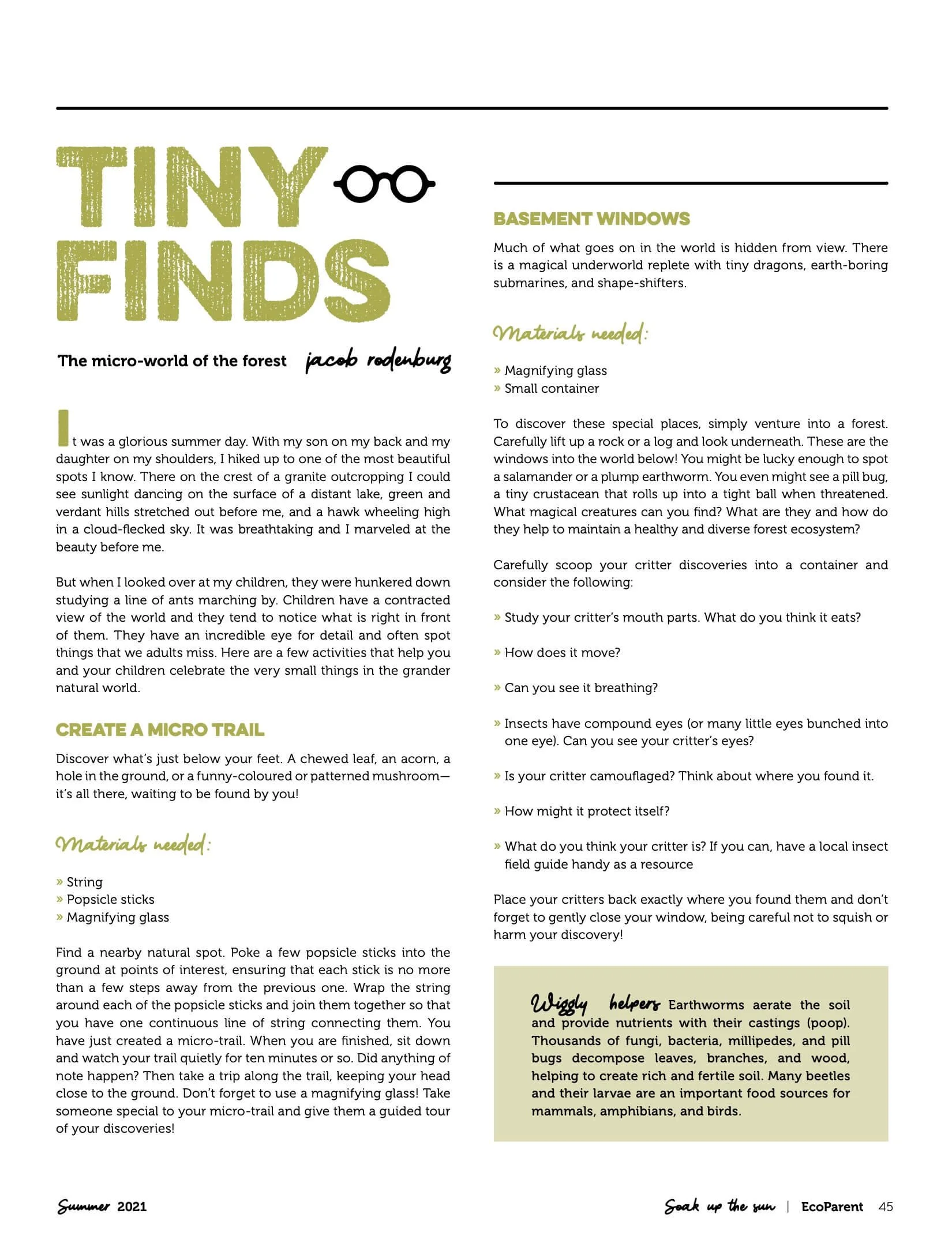 A magazine or journal page with a title "Tiny Finds" and a subtitle about basement windows. The page contains text about micro-worlds, activities for discovering tiny creatures, tools needed for micro-trail creation, and nature observation tips, along with small decorative icons and section headings.
