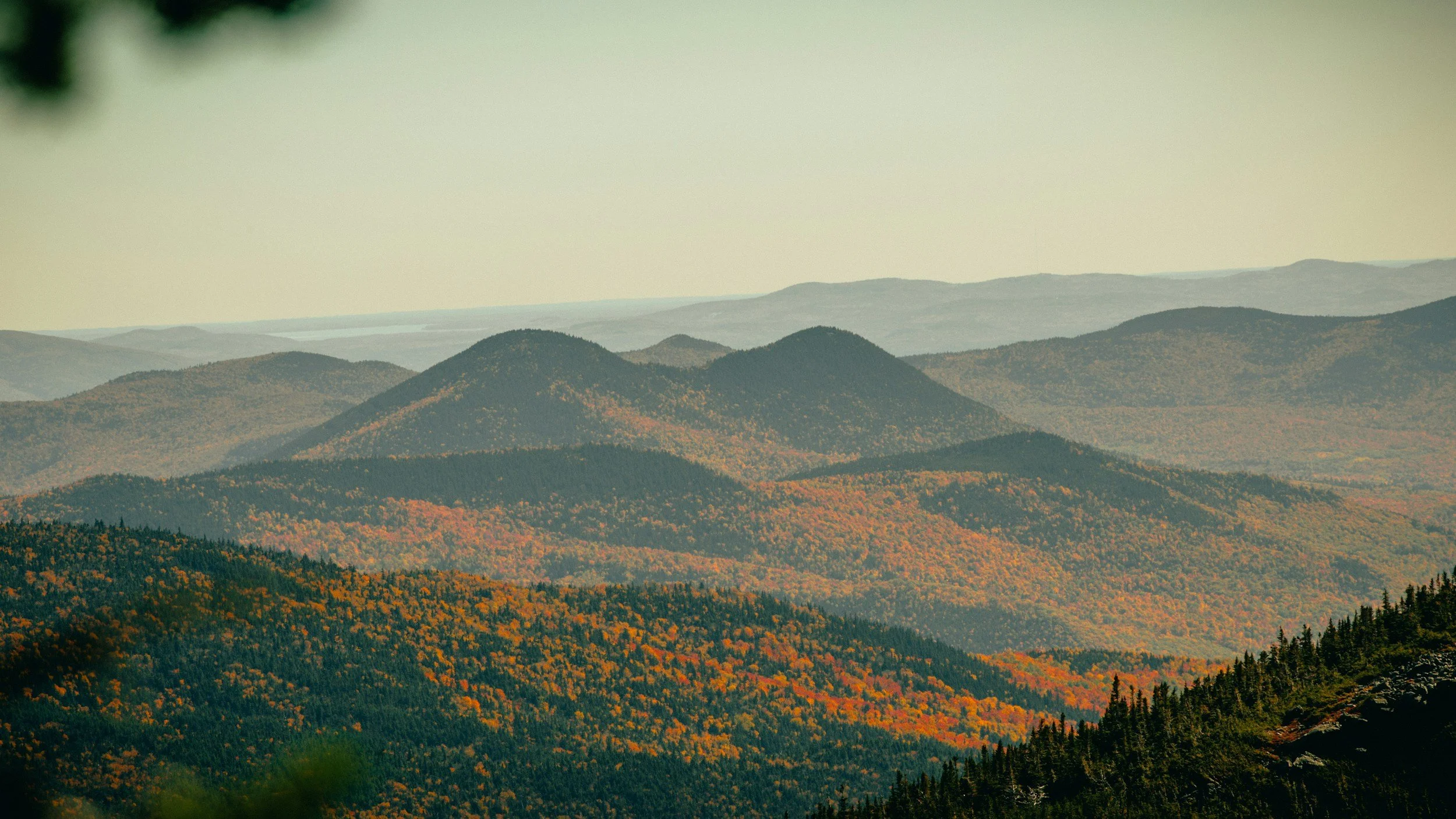 Mountain landscape with rolling hills and forested slopes during fall, showcasing colorful autumn foliage.