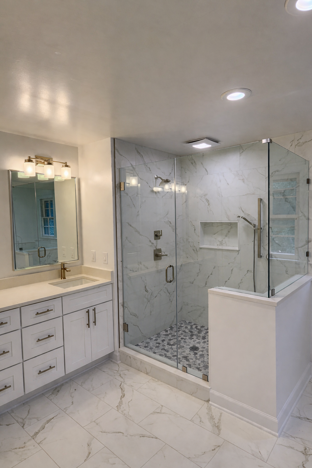 Custom bathroom renovation with white vanity, large mirror, and frameless glass shower with marble walls, pebble tile shower floor completed by Wilken Precision Remodeling.
