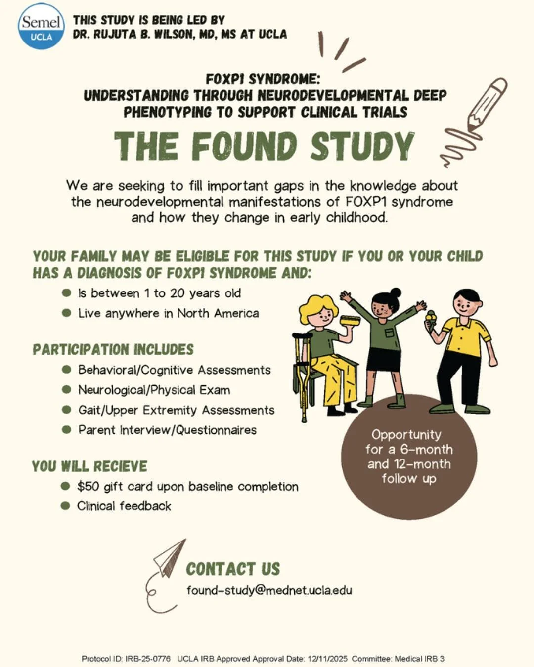 Flyer including information about the FOUND Study being conducted at UCLA to advance FOXP1 syndrome research