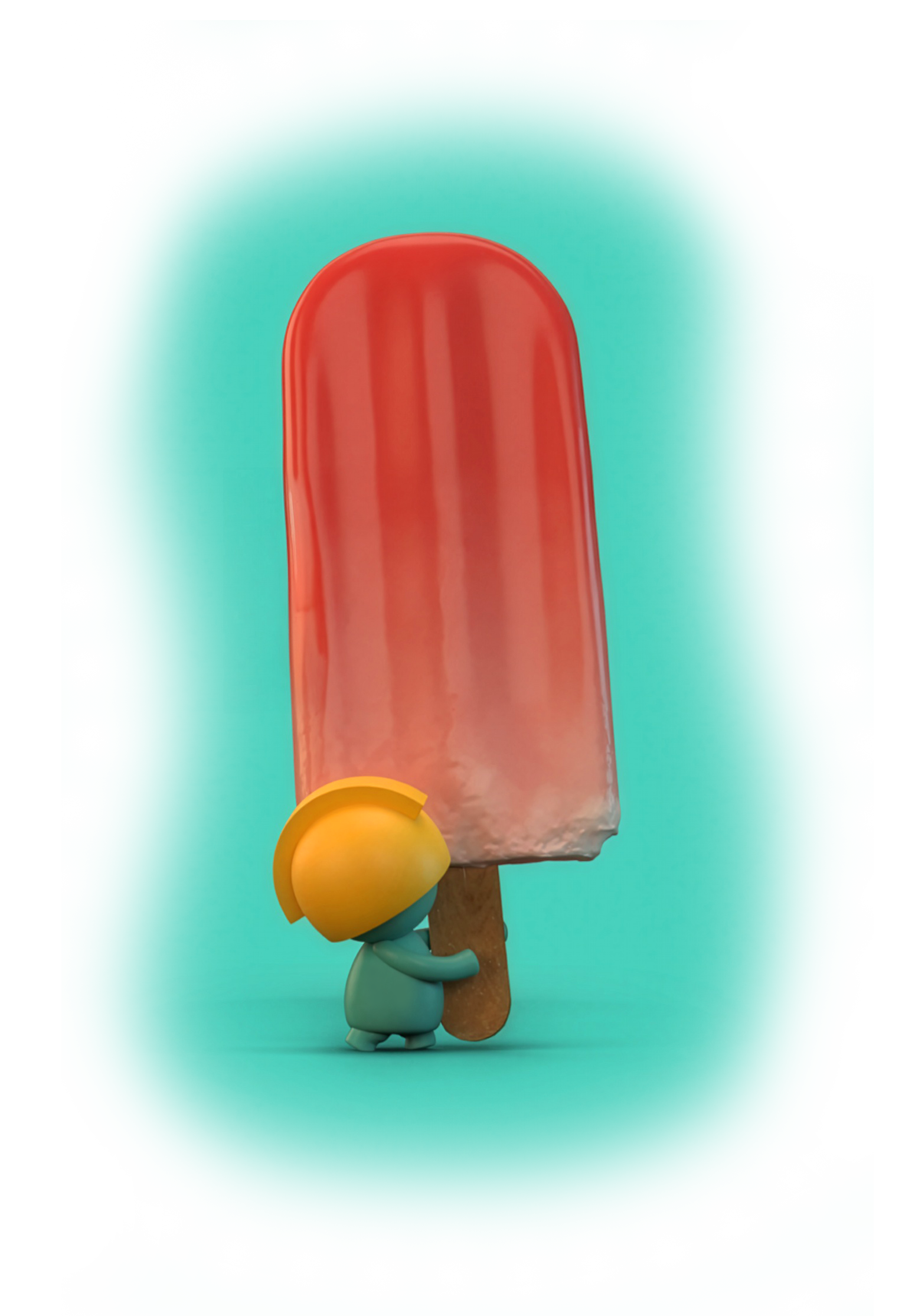 A small cartoon character with a yellow hat hugging a large pink popsicle with a light blue background representing creative content.
