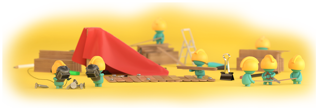 Toy construction figures building a miniature construction site with tools, wooden blocks, and a red tent on a yellow background representing projects and work in media market.