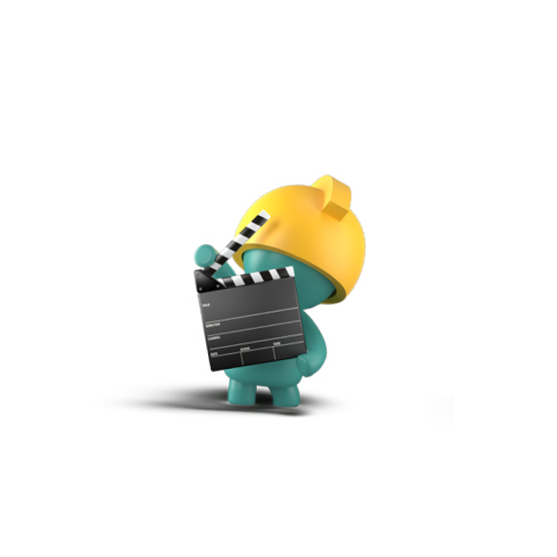 A cartoonish character with a teal body, yellow construction helmet, and holding a film clapperboard, standing on a black shadow representing video production. tv show, reels.