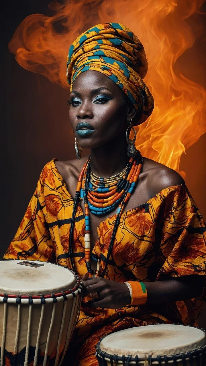 A woman dressed in traditional African attire, including a colorful headwrap and matching dress, adorned with vibrant beaded necklaces and jewelry, holding drums with a fiery background.