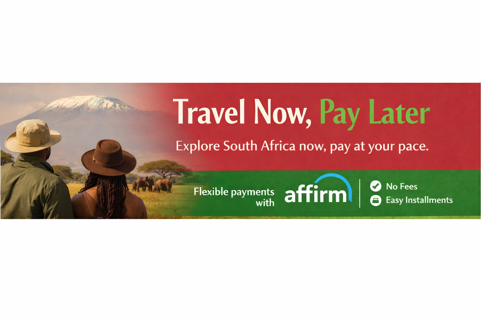 An advertisement for traveling to South Africa with a background of Mount Kilimanjaro, showing two people from behind wearing hats, looking at elephants in a savannah landscape.