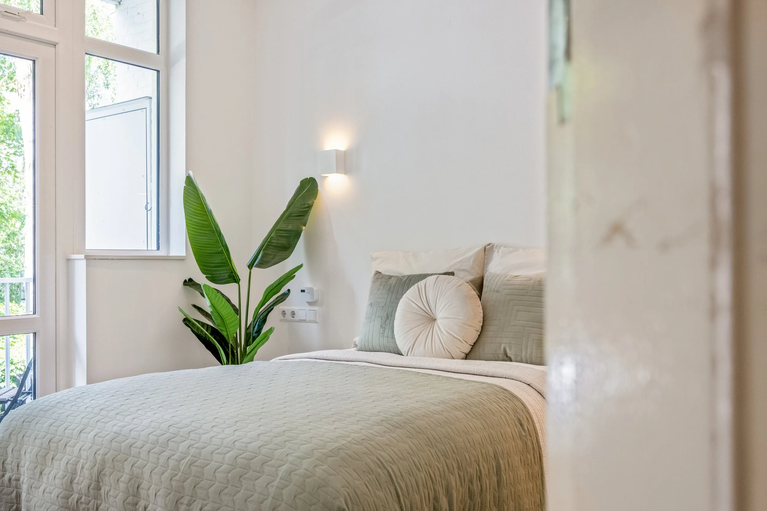 Kamer met een groot bed, beige beddengoed, meerdere kussen, groene plant in pot naast raam, witte muur met muurlamp.