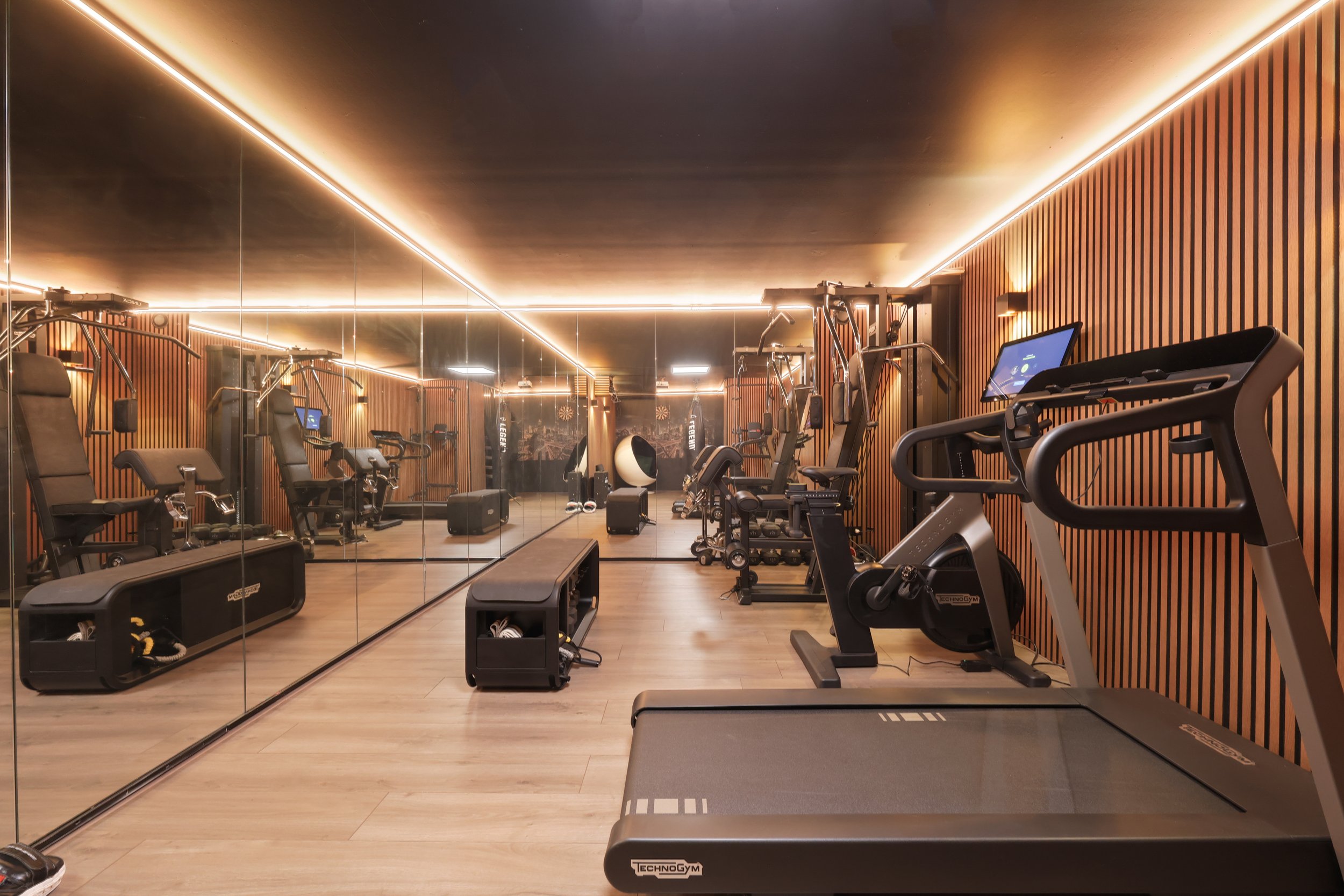 Fitnessruimte met cardioapparatuur en gewichten, binnen, houten wandafwerking, grote spiegels, moderne verlichting.
