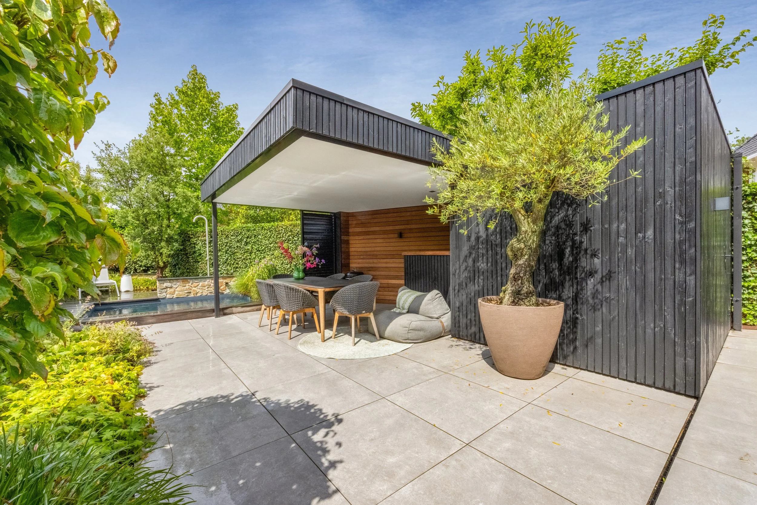 Modern tuin met zwarte houten schuur, tuinmeubilair, een grote plant in een pot, en een kindermat met kussens in een zonnige tuin