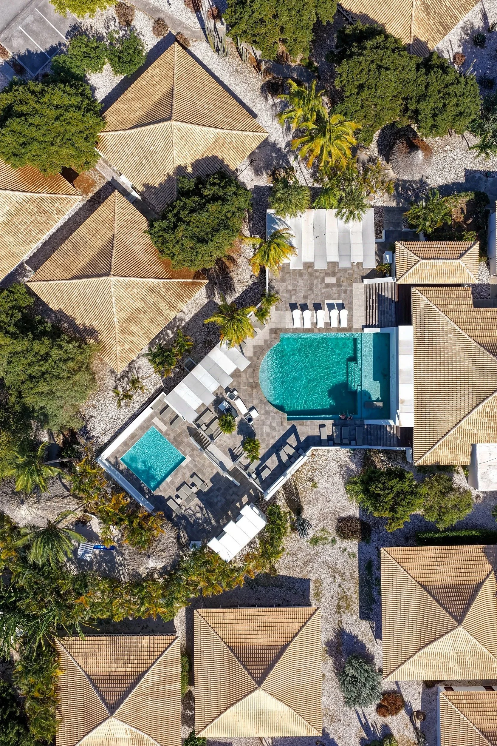 Luchtfoto van een resort met meerdere rieten daken, zwemvijver en palmbomen.