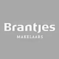 Logo van Brantjes Makelaars met witte tekst op een grijze achtergrond