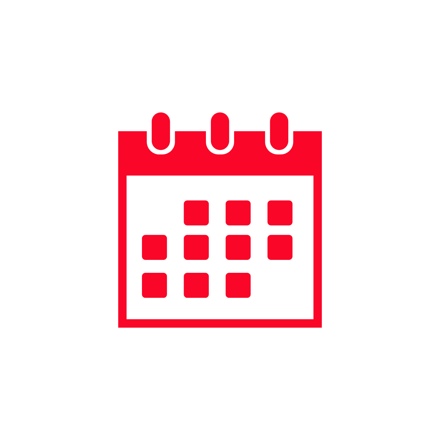 Red calendar icon with squares representing dates, set against a white background with a black circular border.