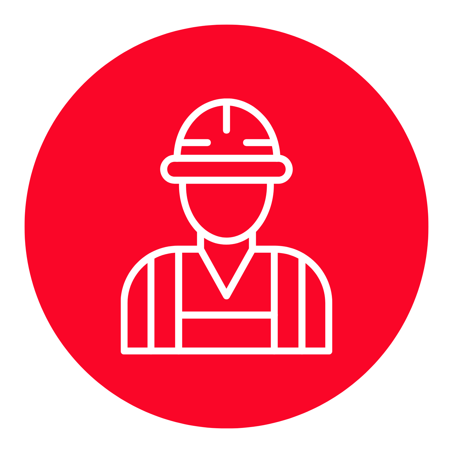 Icon of a construction worker wearing a safety hard hat and vest, set against a red circular background.