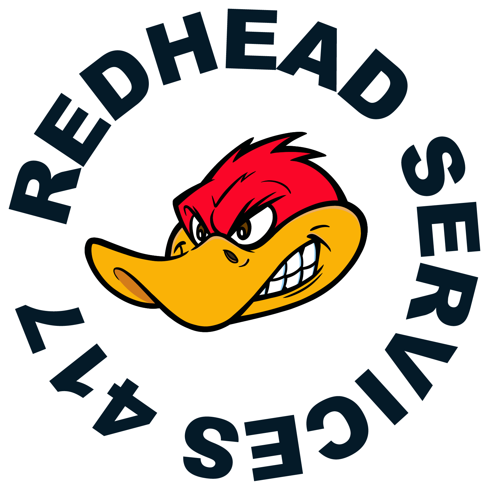 a duck head graphic with redhead services 417 in circular text around it