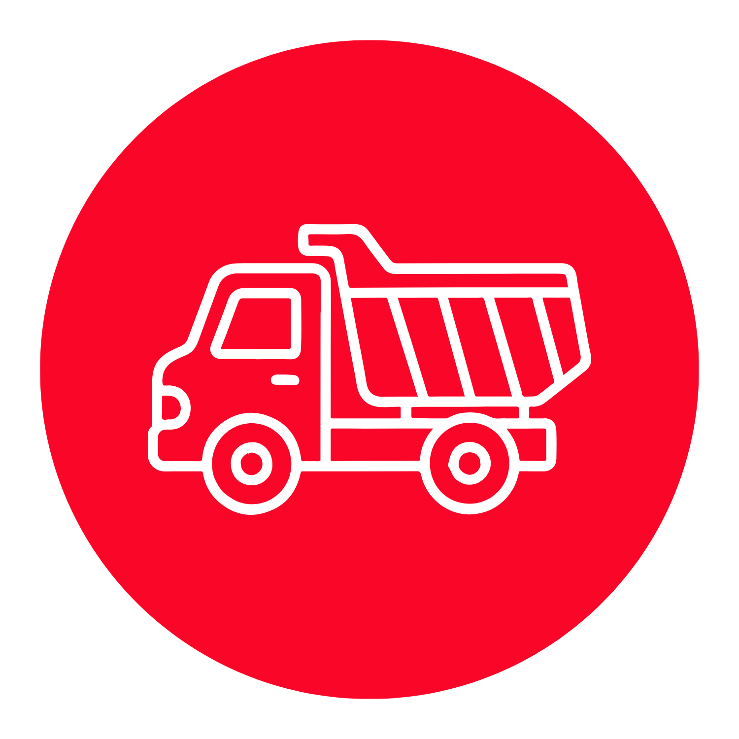 Outline illustration of a dump truck on a red circular background.