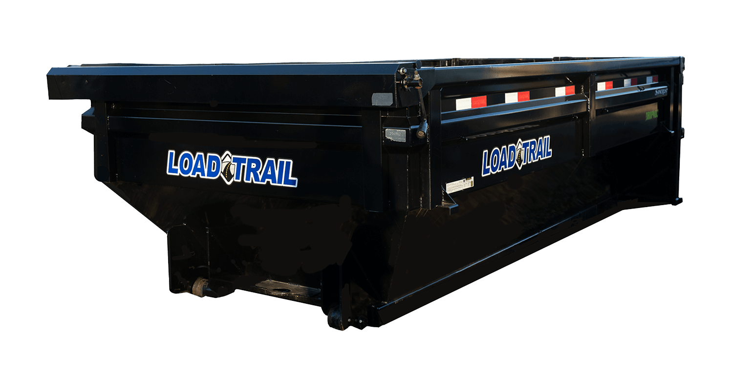 Black Load Trail dump trailer with side rails, featuring Load Trail logo stickers on the sides.