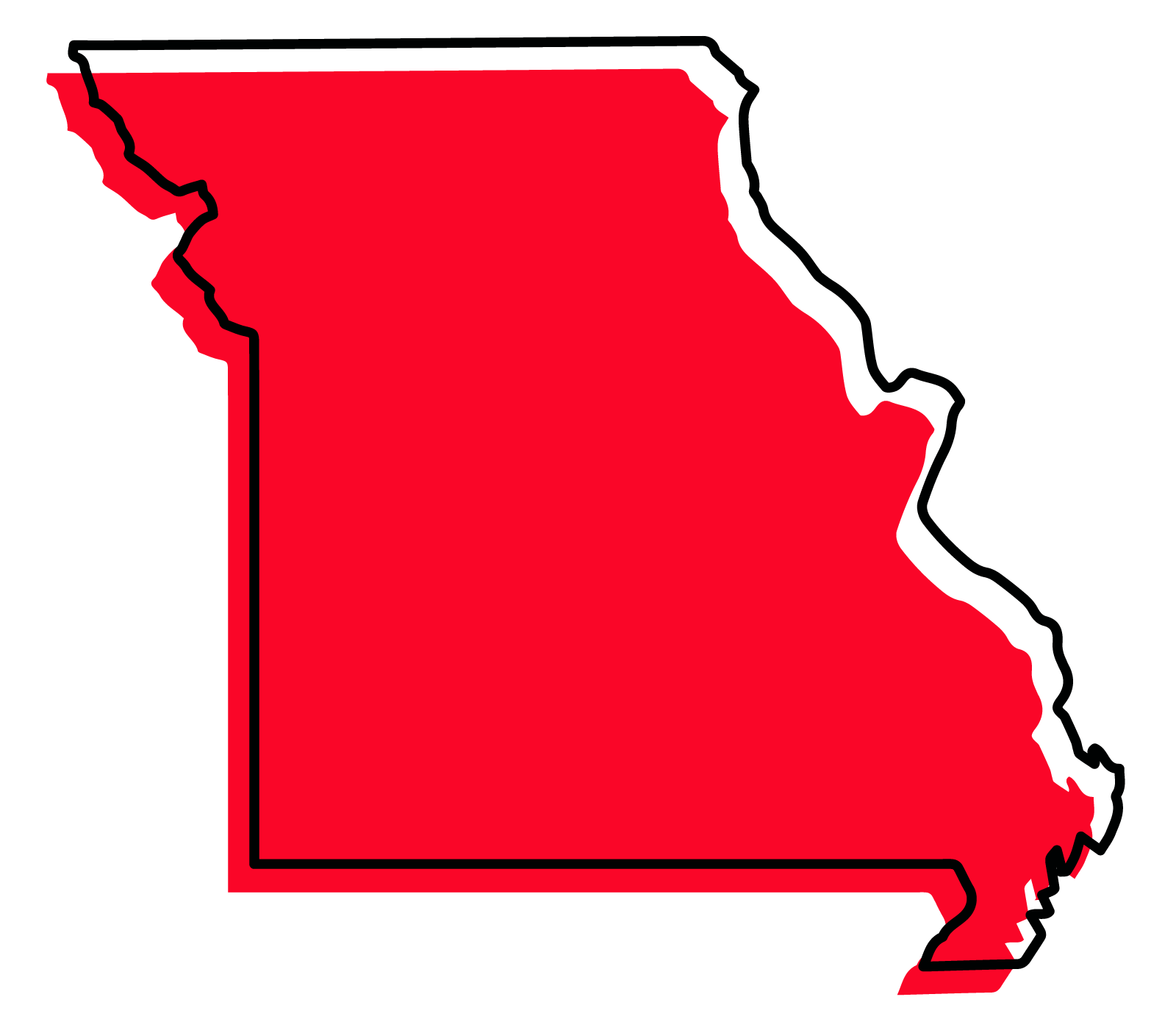 Map of the state of Missouri with its borders outlined, filled in red.