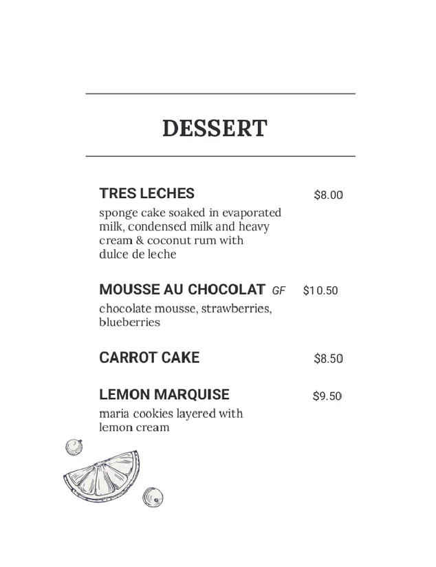 Dessert menu listing tres leches, mousse au chocolat, carrot cake, and lemon marquise with prices and descriptions; includes a drawing of lemon slices and berries at the bottom.