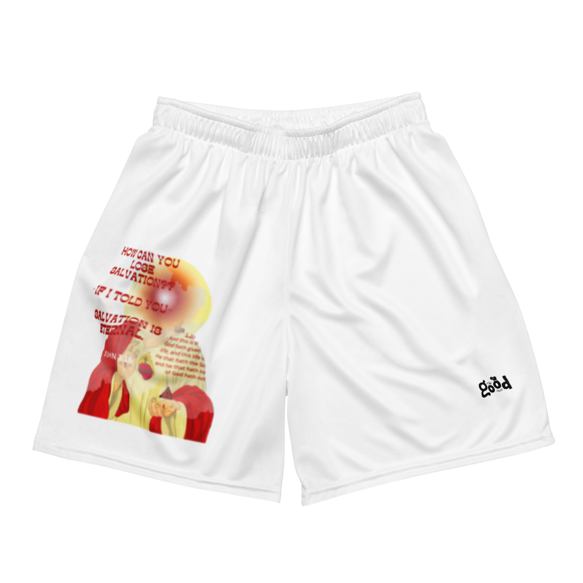 White athletic shorts with a printed graphic on the left leg and the word 'good' on the right leg.