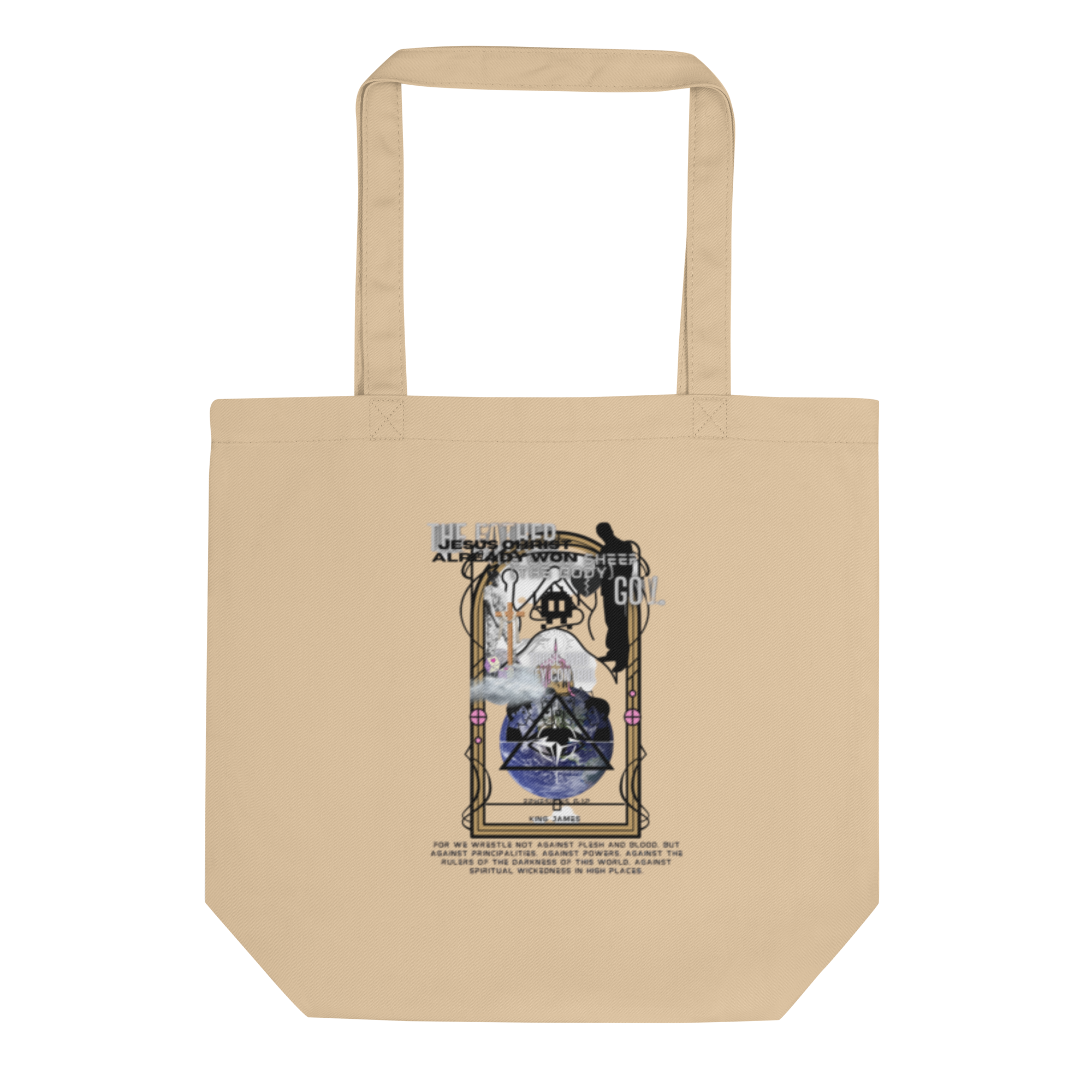 Beige tote bag with a graphic design featuring a world map, geometric shapes, a cloud, and text related to spiritual and cosmic themes.