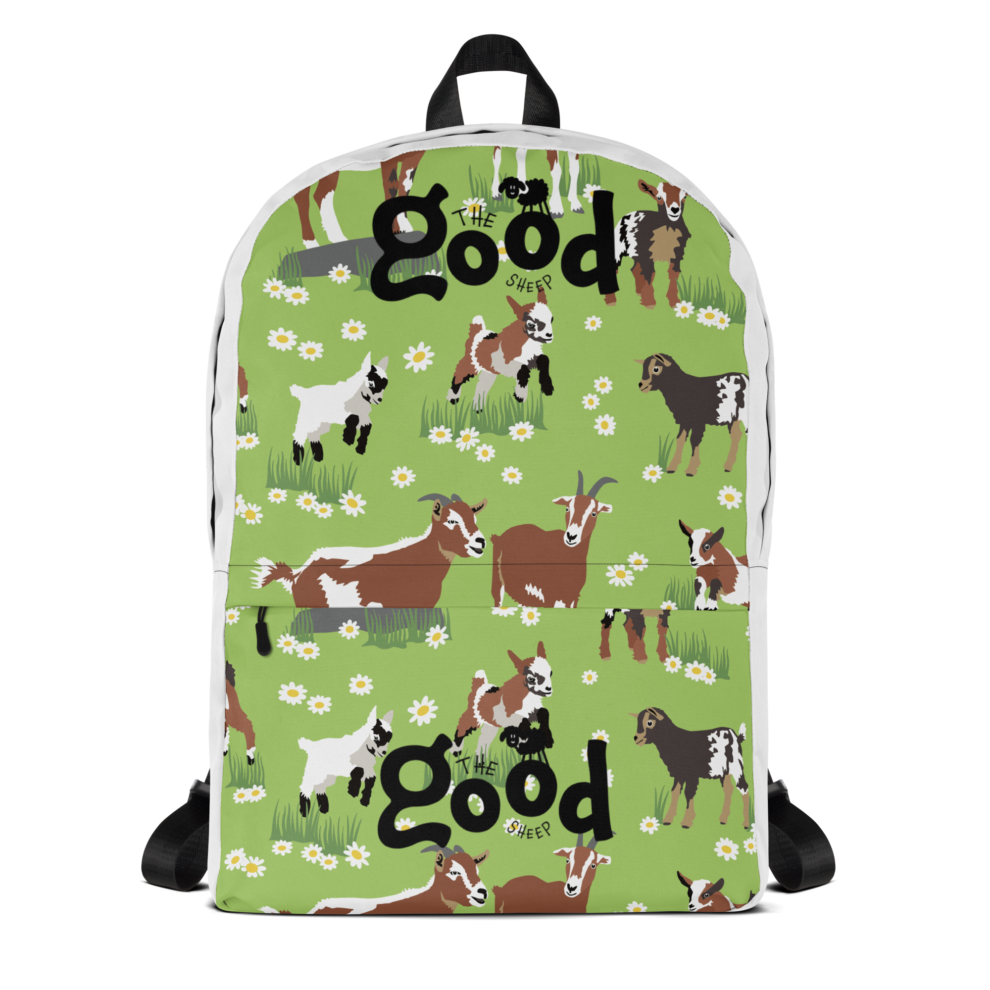 Green backpack with a farm scene of goats, sheep, and daisies, featuring the text 'The Good Sheep' in black letters.