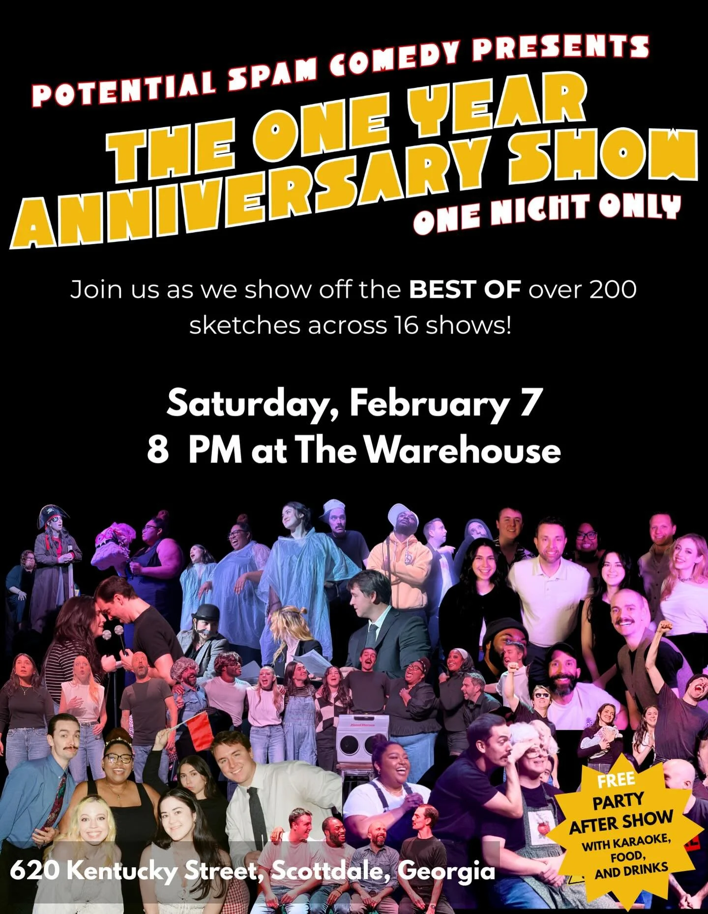 We cordially invite you to the Potential Spam One-Year Anniversary show! Join us as we celebrate the best of over 200 sketches across 16 shows. 

It all kicks off at 8 pm when one of Atlanta&rsquo;s funniest standup comedians, @marieonetta takes the 