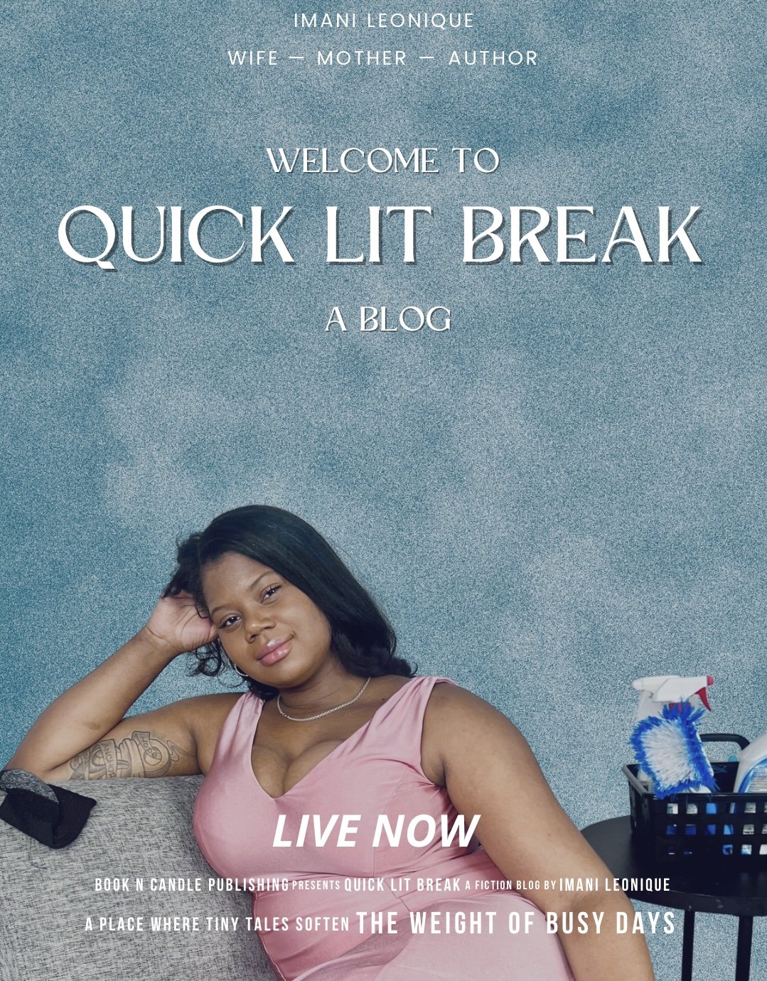 Book cover with a photo of a woman sitting on a couch, wearing a pink sleeveless dress, with dark hair, next to a black basket containing cleaning supplies, and a textured blue background with white text introducing a blog titled 'Quick Lit Break' by Imani Leonique.