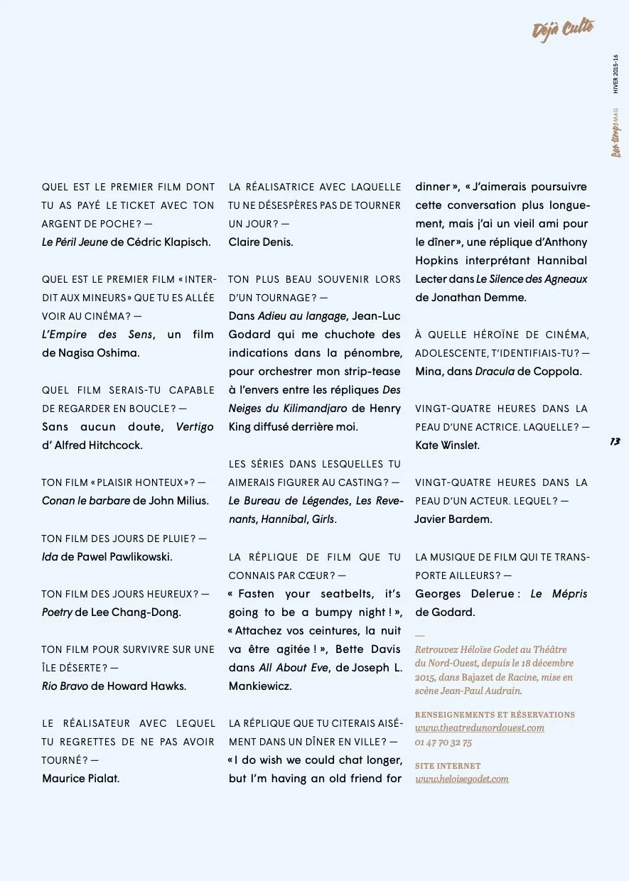 Page de texte avec questions et réponses sur le cinéma et les films préférés, incluant des références à différents réalisateurs, acteurs et films.