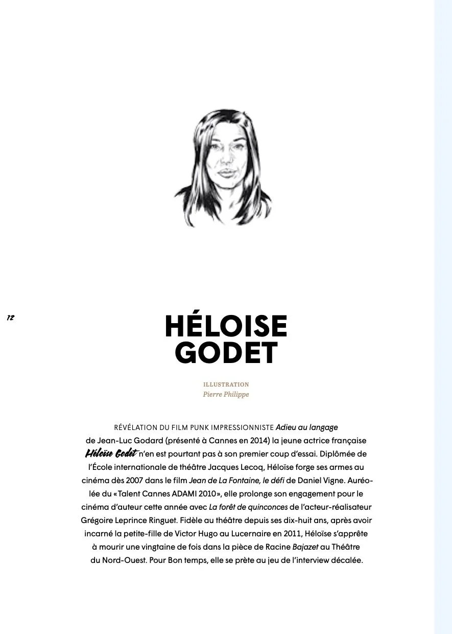 Page d'un livre ou d'un magazine avec un dessin d'une femme, Héloïse Godet, et un texte en français présentant sa biographie et sa carrière.