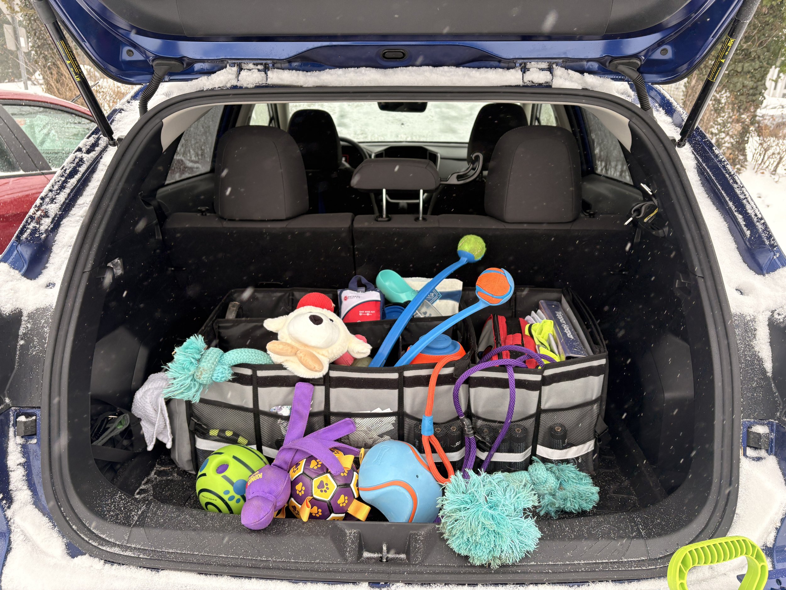 Open trunk of a blue SUV filled with kids' toys and belongings, including balls, plush toys, and outdoor play equipment, with snow on the vehicle and surrounding area.