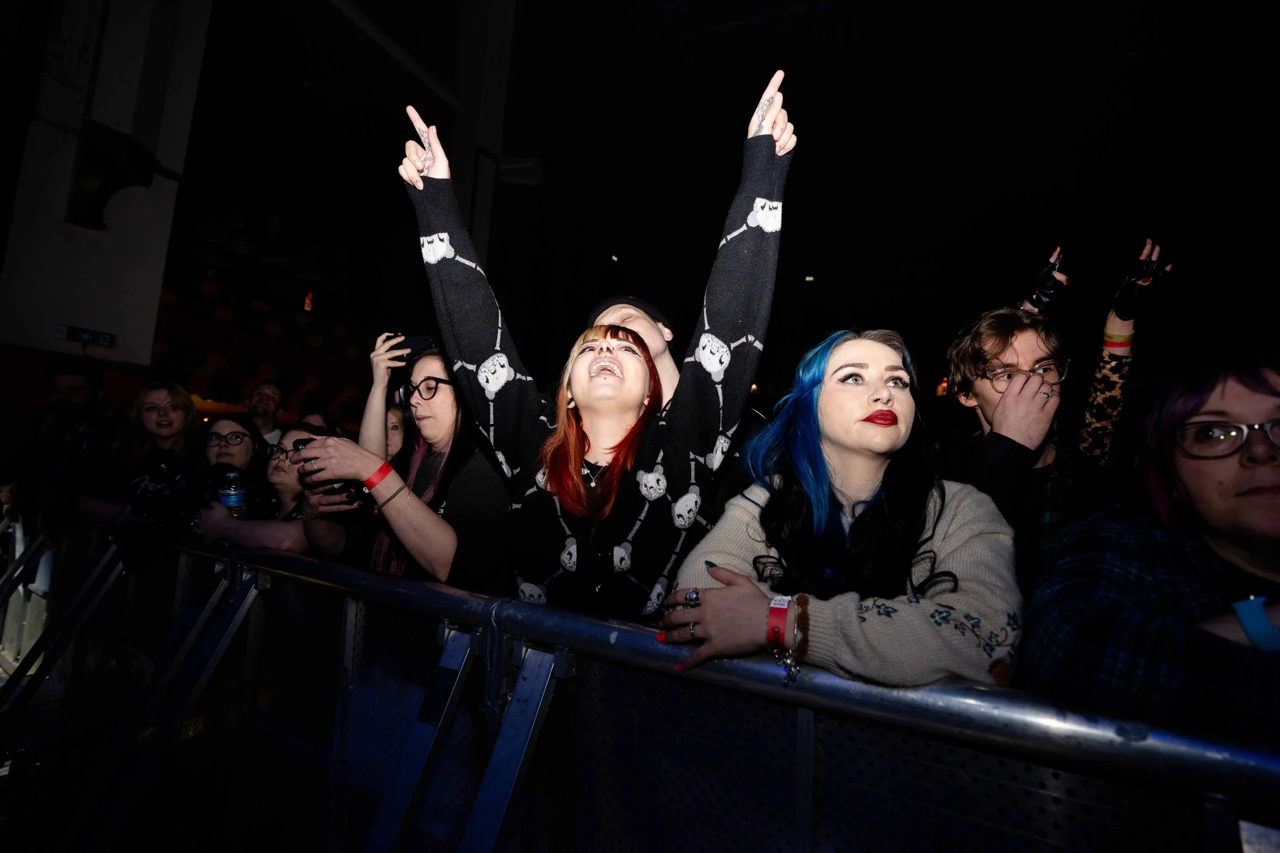 Crowd of concertgoers at a music event, some with colorful hair, behind a metal barrier, with one person raising their arms in excitement.