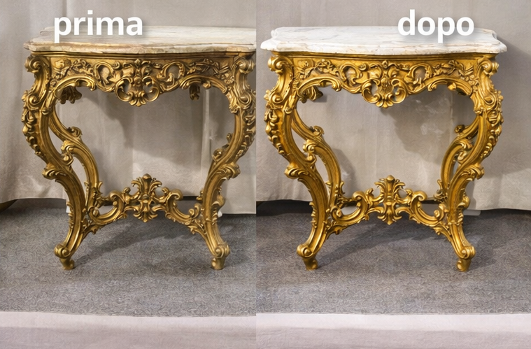 Confronto tra un tavolo dorato con piano in marmo prima e dopo il restauro, evidenziando il restauro e la lucidatura del mobile.
